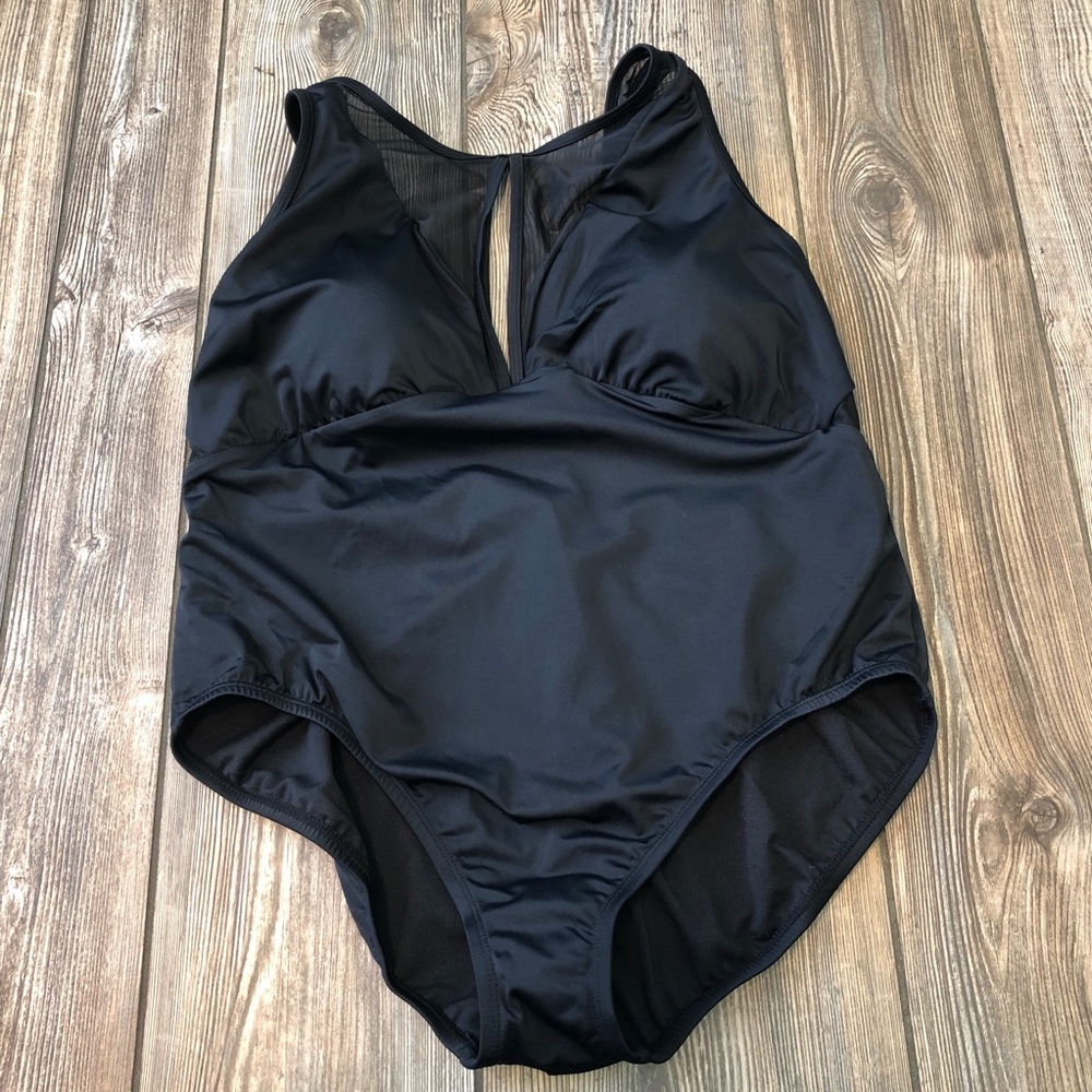 Time And Tru Black Mesh Accent One Piece Swimsuit